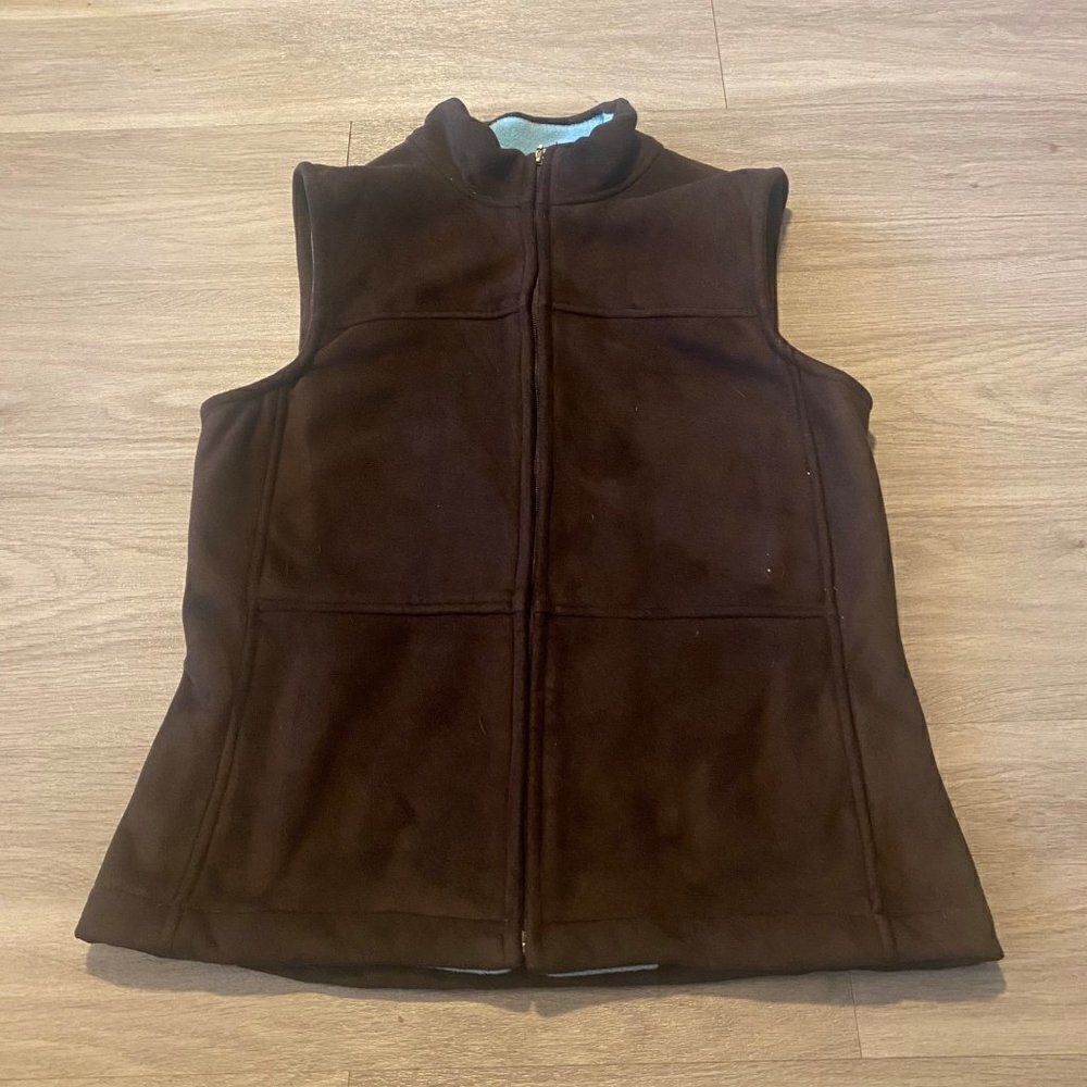 Caribbean Joe brown faux suede fall zip up sleeveless vest with blue lining size